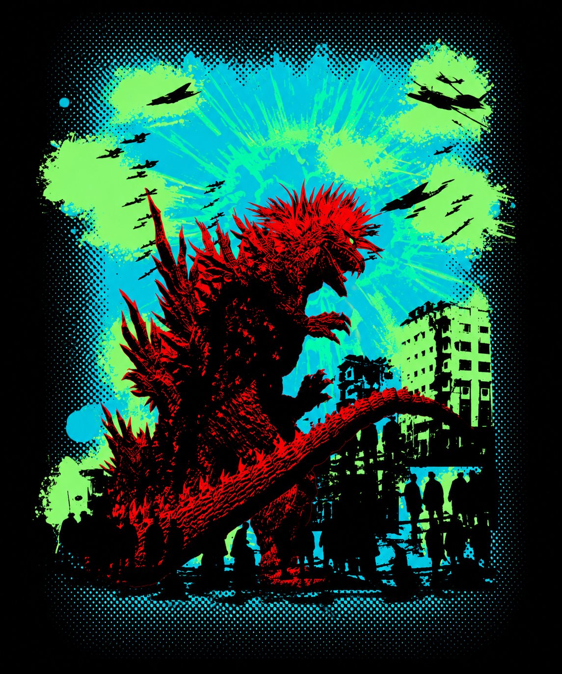 Neon kaiju towering over a ruined city